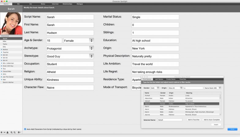 Script Studio's character spotlight helps you to keep everything from a character's name to their relationships all in one place.