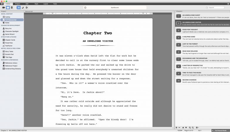 Script Studio's novel writing mode.