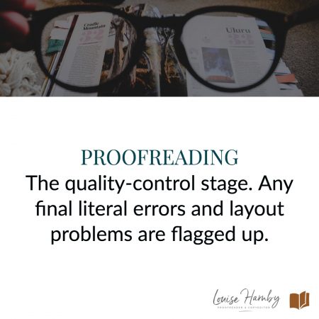 Proofreading is the quality-control stage where any final literal errors and layout problems are flagged up such that the book is fit for publication.