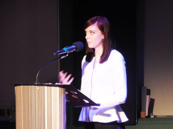Kristina Adams and one of the many funny faces that she pulls when talking at the Restless Minds anthology launch.