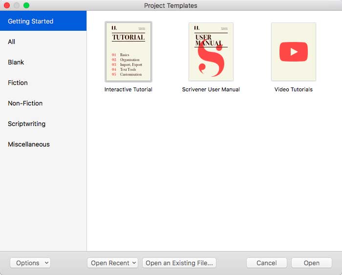 The main screen you'll see whenever you first open Scrivener.