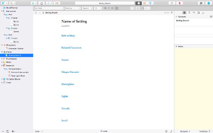 Scrivener's setting sketch helps you to really think about the locations used in your story.