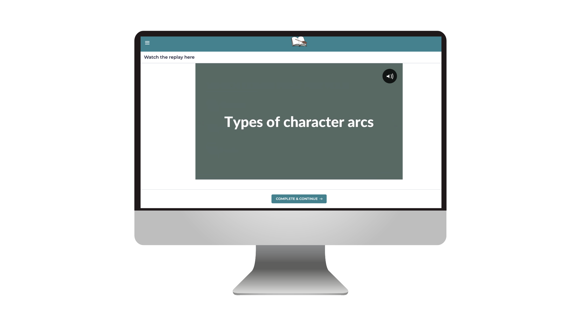 A preview of the How to Write Character Arcs course on a monitor, showing a slide that says 'types of character arcs'