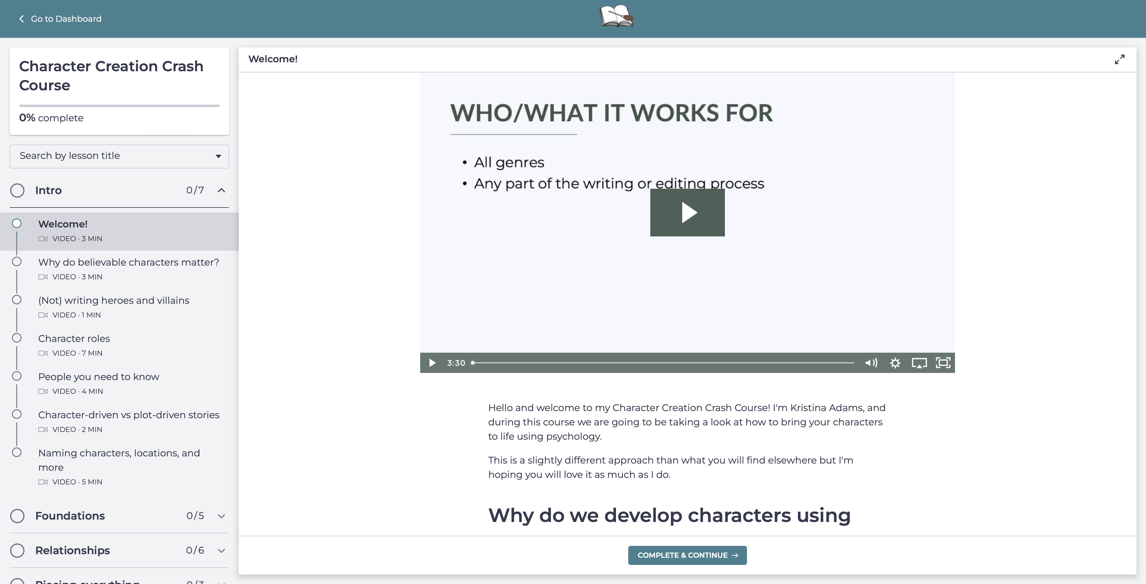 Character creation crash course dashboard preview