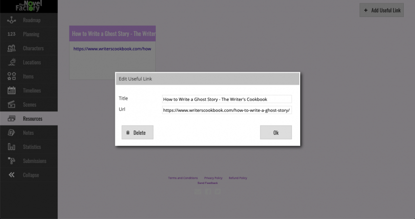 The Novel Factory add resources screen