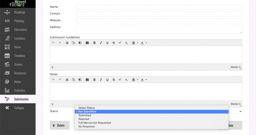 The Novel Factory submissions section