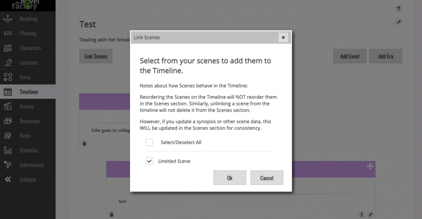The Novel Factory timeline asking about adding scenes to the timeline