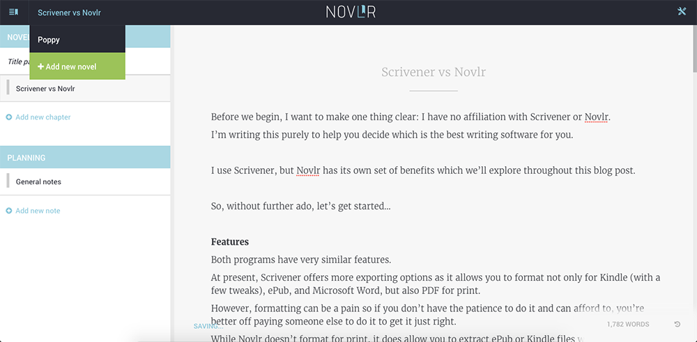 The writing interface of Novlr.