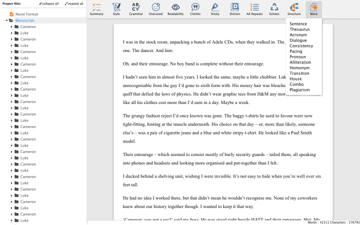 ProWritingAid fullscreen, analysing Behind the Spotlight.