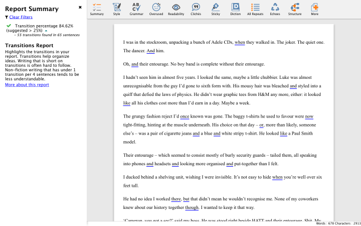 ProWritingAid transitions report.