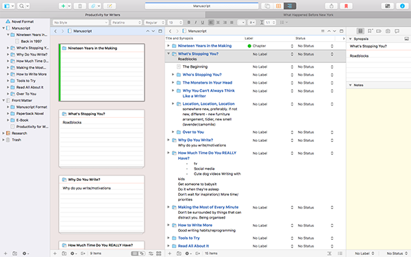 In Scrivener 3, you can split the screen up into up to four sections.