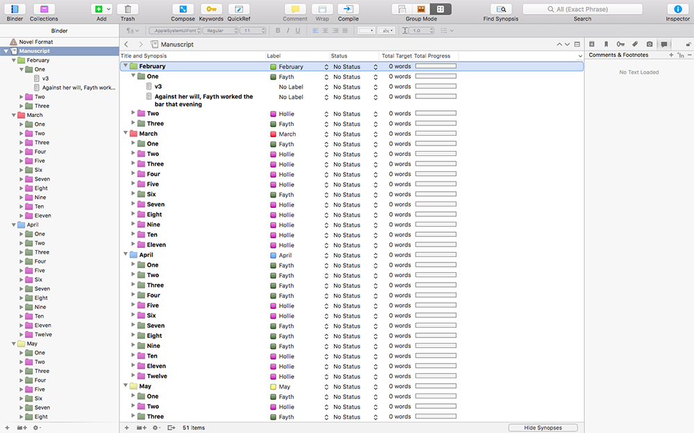 Scrivener allows you to set goal word counts for each section and chapter of your book, as well as an overall word count. You can also give each section a status so that you know how far along in the writing process you are.