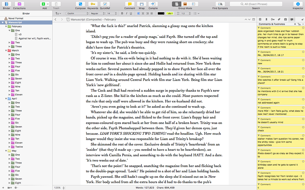 The writing interface of Scrivener.